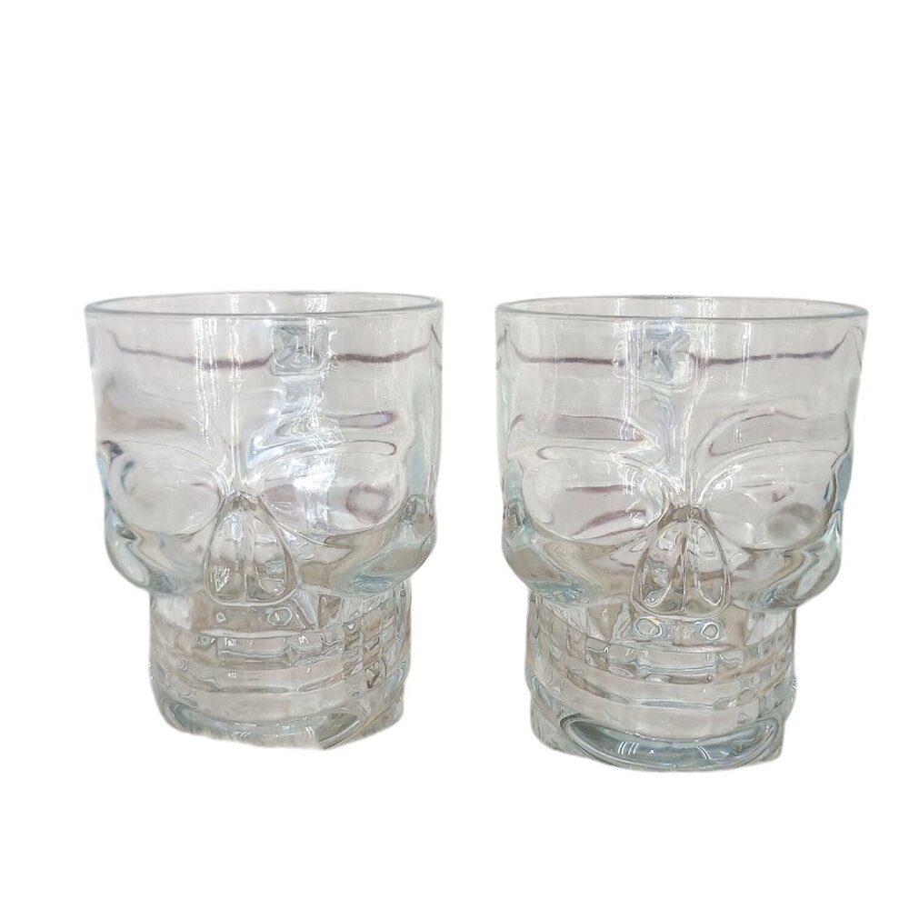 Set Of 2 Skull Glass Mugs Bone Handles Clear‎ 3D Design Gothic 16Oz Drinkware